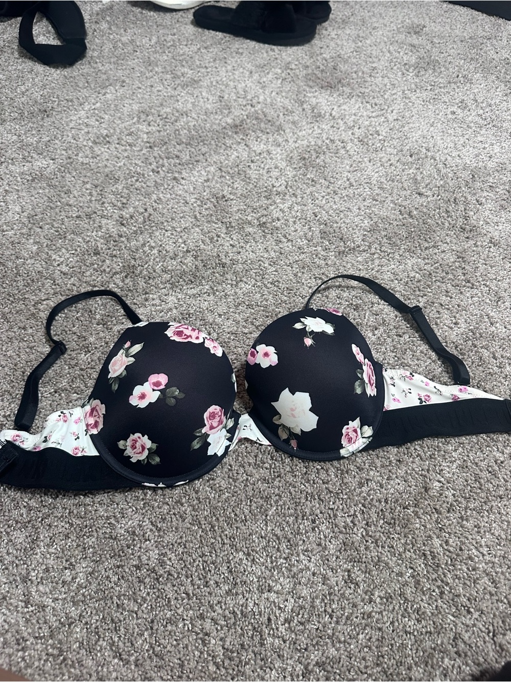 VS Black Floral Push-Up Bra with Pink Rose Print